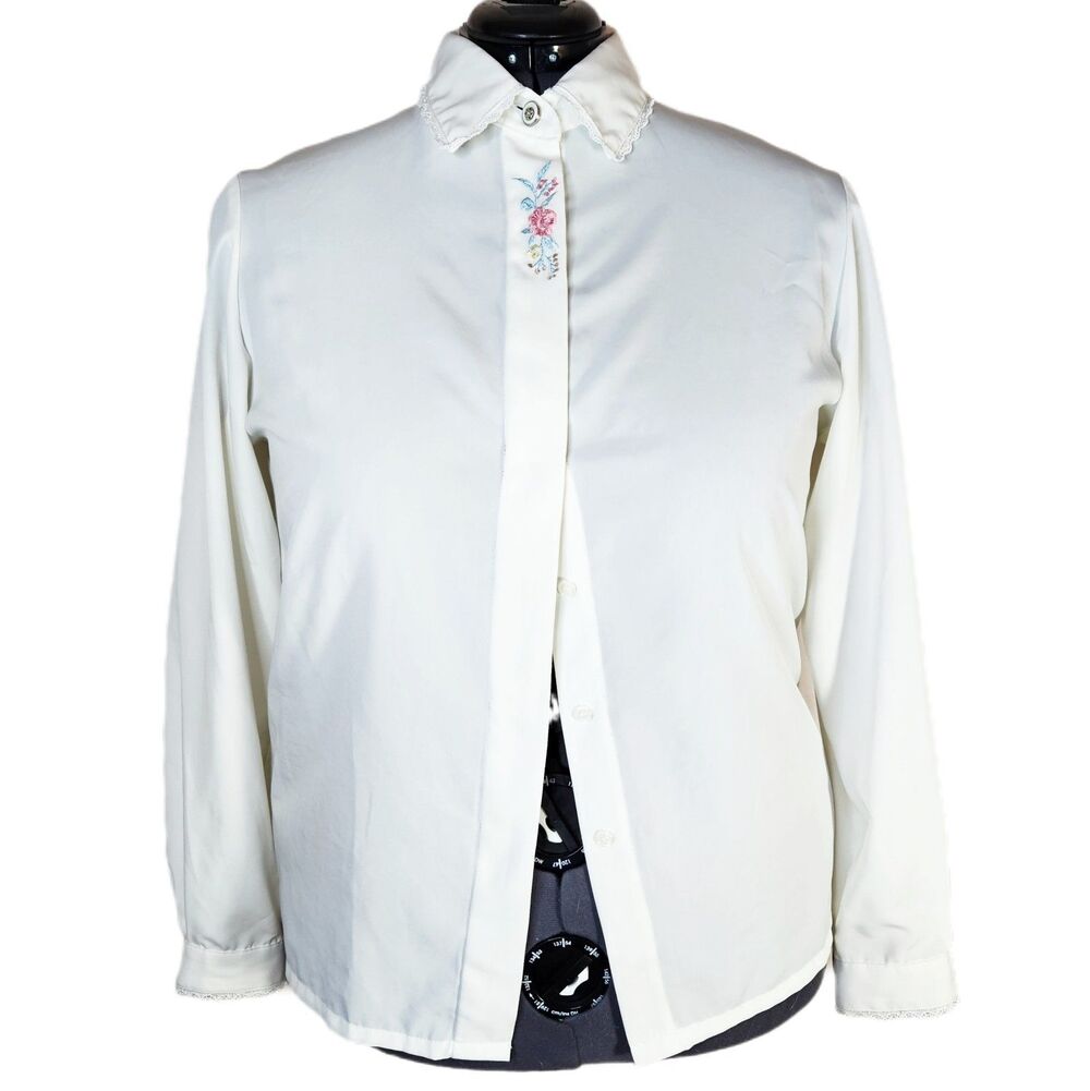 Koret Lace Trimmed Button Up Blouse Women's 16 Embroidered Edwardian Cottagecore